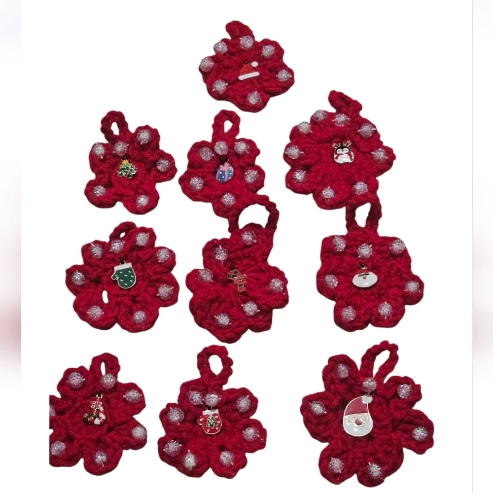 Hand Crafted Upcycled Chritsmas Ornaments Hand Crochet red beaded floral pattern